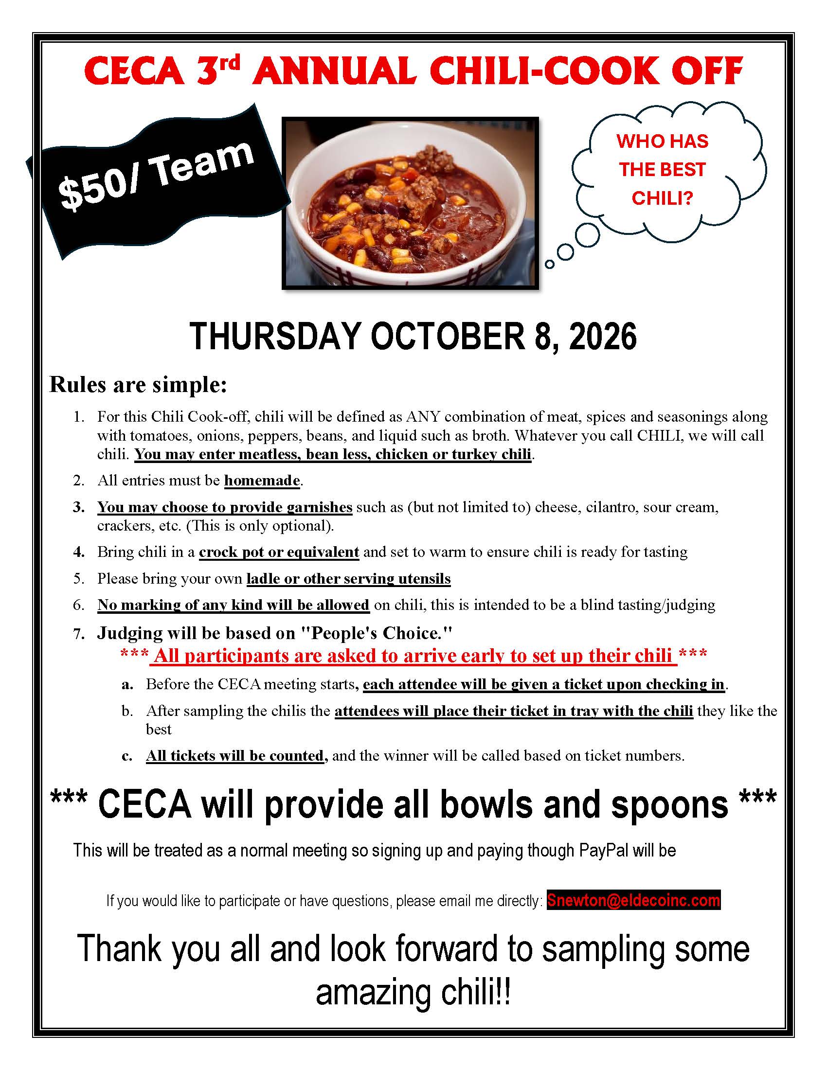 3rd Annual CECA Chili Cookoff October 8, 2026